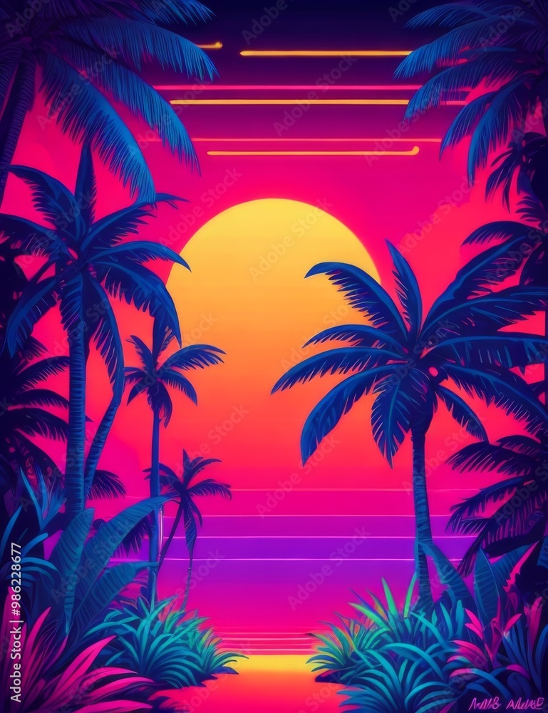 Obraz premium Retro image of the tropics, in neon light.
