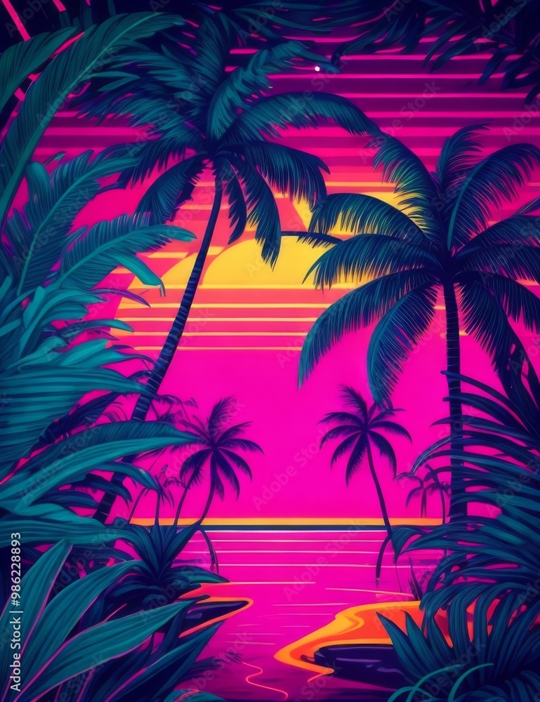 Retro image of the tropics, in neon light.