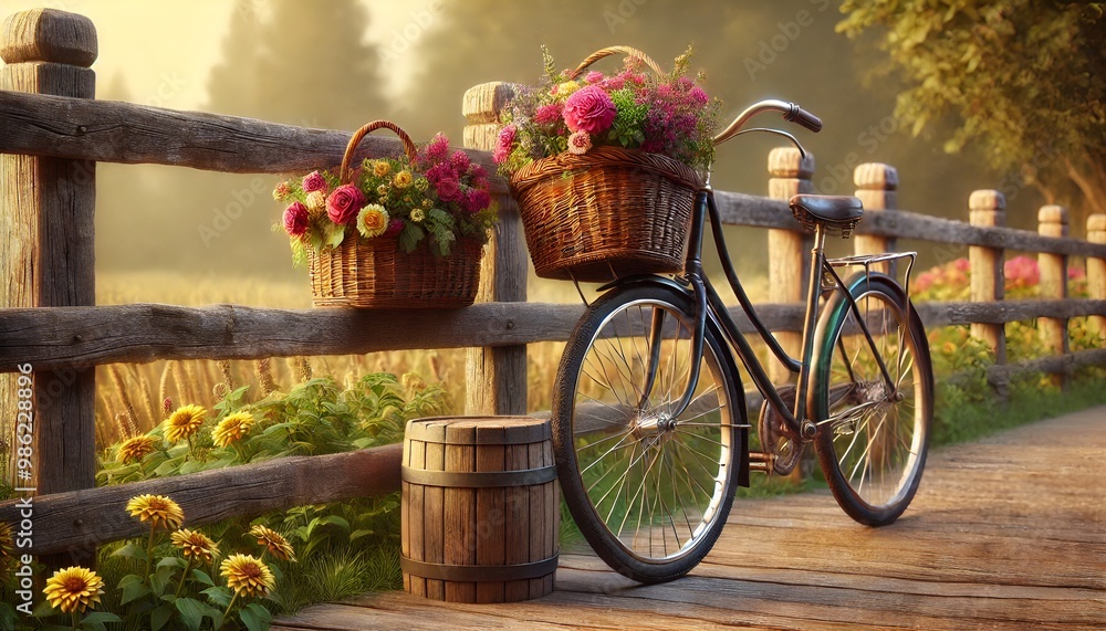 Fototapeta premium Bicycle with Flowers Against Wooden Fence