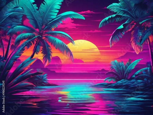 Retro image of the tropics, in neon light. photo