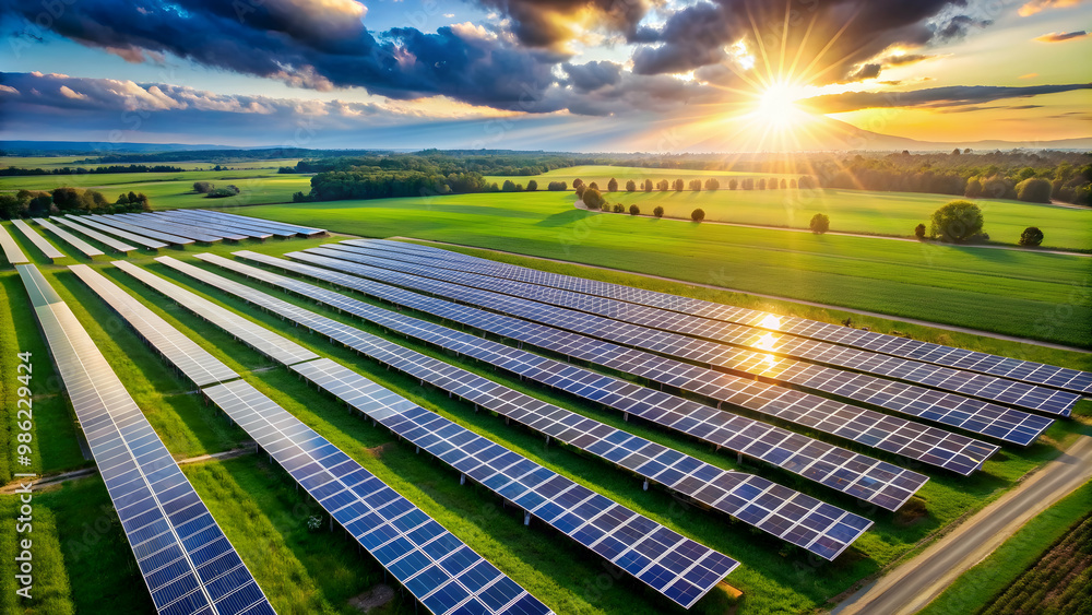 Solar power plant farm with rows of solar panels generating clean energy in a sunny field Solar power plant farm with rows of solar panels generating clean energy in a sunny field