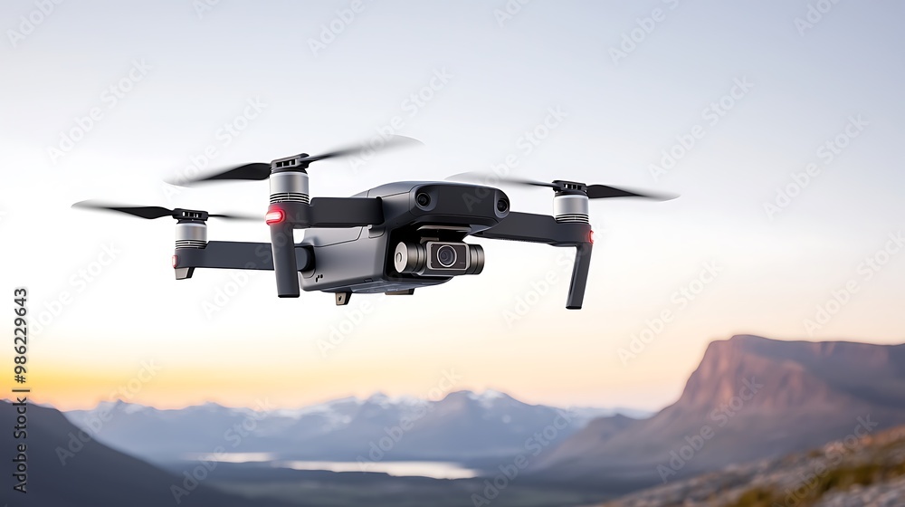 A sleek drone with a glossy finish hovering over a breathtaking landscape at sunset, showcasing its advanced aerial technology. The background features rugged mountains and a clear sky, creating an A sleek drone with a glossy finish hovering over a breathtaking landscape at sunset, showcasing its advanced aerial technology. The background features rugged mountains and a clear sky, creating an