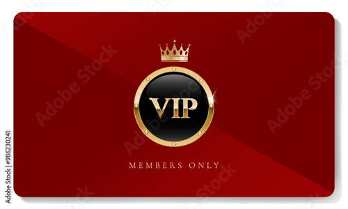 Premium VIP card in red color with golden crown and other elements. Luxury design. Vector illustration