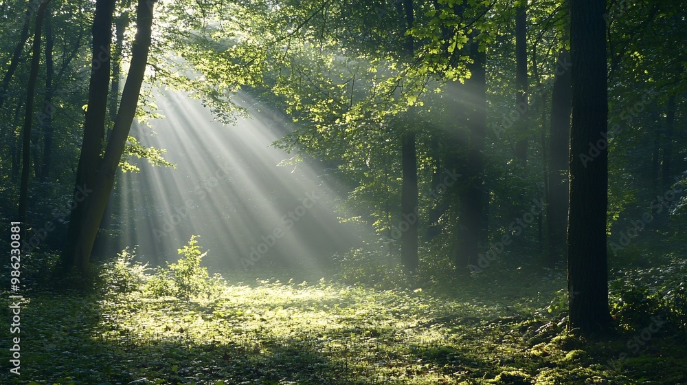 Fototapeta premium Sunbeams Piercing Through a Dense, Forested Canopy