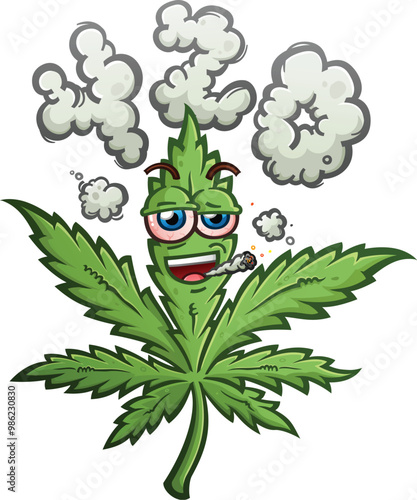 marijuana pot leaf cartoon character with a cool attitude and bloodshot red eyes smoking a fat doobie joint with a cloud of smoke spelling out the numbers 420 above his smiling face