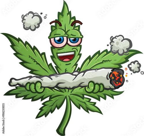 marijuana pot leaf cartoon character with a cool attitude and bloodshot red eyes holding a gigantic large burning doobie joint and smiling big in his intoxicated state of mind