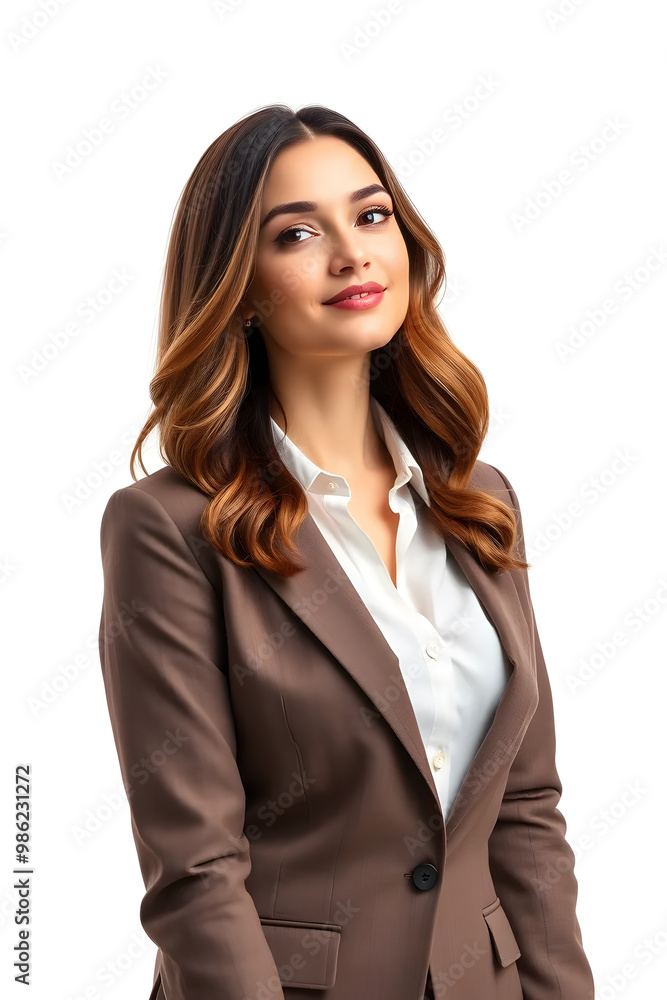 A confident businesswoman with long, wavy hair, wearing a brown blazer over a white blouse. She stands against a plain white background, exuding professionalism and poise. A confident businesswoman with long, wavy hair, wearing a brown blazer over a white blouse. She stands against a plain white background, exuding professionalism and poise.
