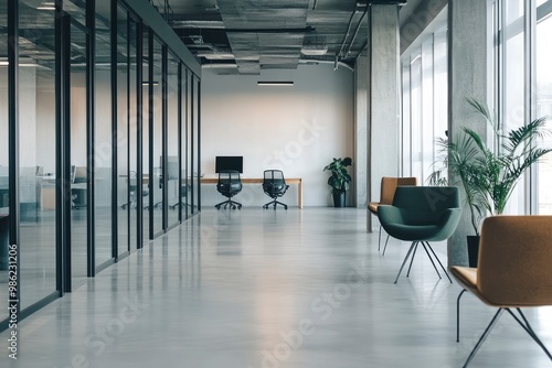 Modern spacious office aisle with co-working space and empty white wall. company office building with generative ai photo