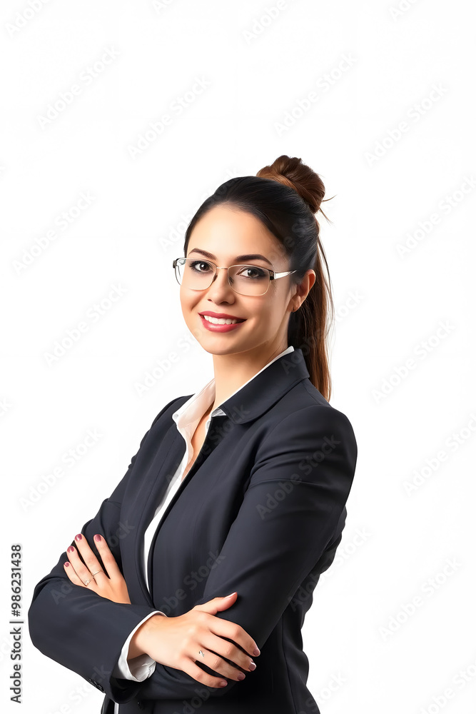 A professional woman with glasses and a bun hairstyle, wearing a dark suit. She stands confidently with her arms crossed, smiling against a white background. A professional woman with glasses and a bun hairstyle, wearing a dark suit. She stands confidently with her arms crossed, smiling against a white background.