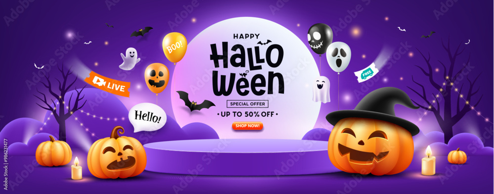 Fototapeta premium Halloween podium purple color, pumpkin smile, balloons, ghost, candle, and bat flying, banner design on purple background, Eps 10 vector illustration