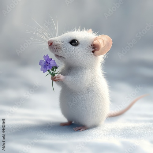 A charming white mouse holding a delicate purple flower, symbolizing cuteness and innocence in nature.