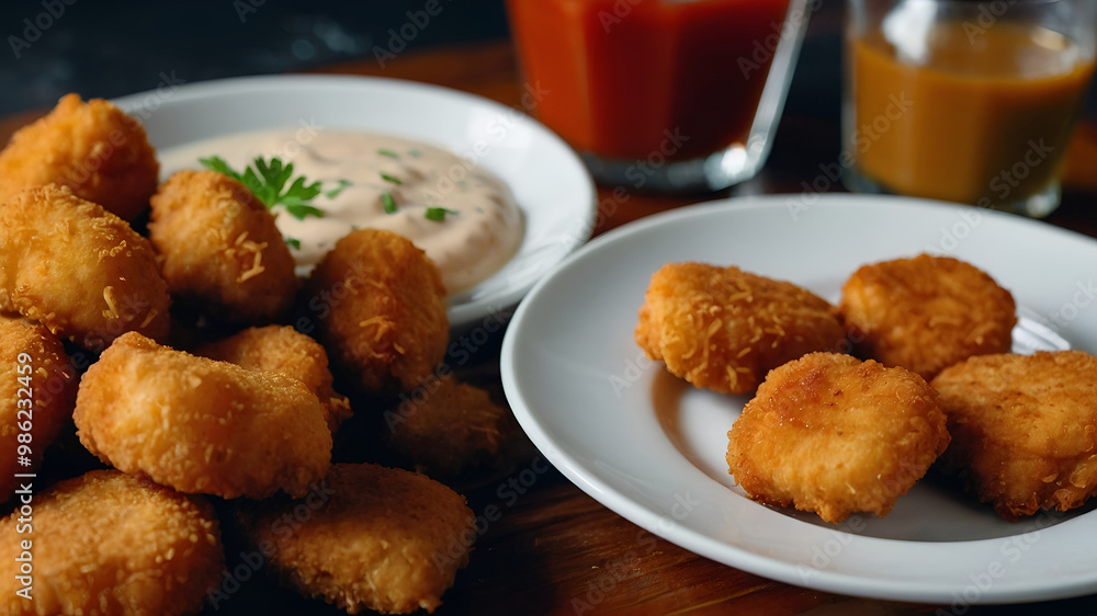 Crispy Chicken Nuggets with Variety of Dipping Sauces Crispy Chicken Nuggets with Variety of Dipping Sauces