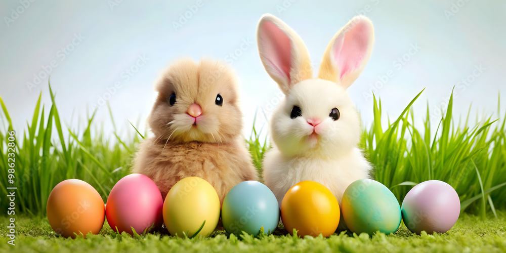 Cute Easter bunny and chick with colorful eggs, easter, fluffy, adorable, spring, celebration, holiday, cute, fluffy Cute Easter bunny and chick with colorful eggs, easter, fluffy, adorable, spring, celebration, holiday, cute, fluffy