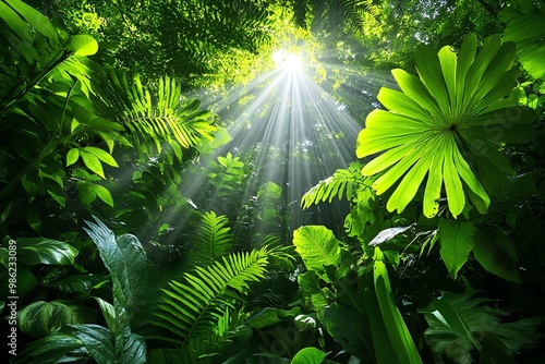 Fototapeta Naklejka Na Ścianę i Meble -  A dense jungle with sunlight streaming through, highlighting the vibrant greens and the diversity of plant life