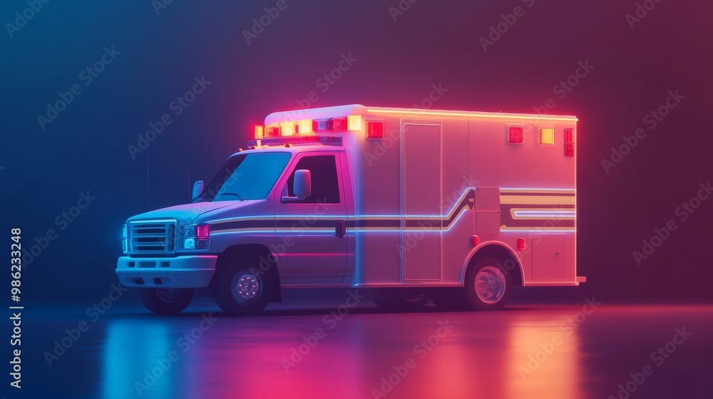 A neon ambulance is parked on a wet road A neon ambulance is parked on a wet road