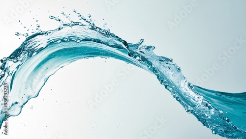 Dynamic splash of water forming an elegant arc against light blue gradient background, showcasing fluidity and motion with suspended droplets, minimalist beauty, generative AI