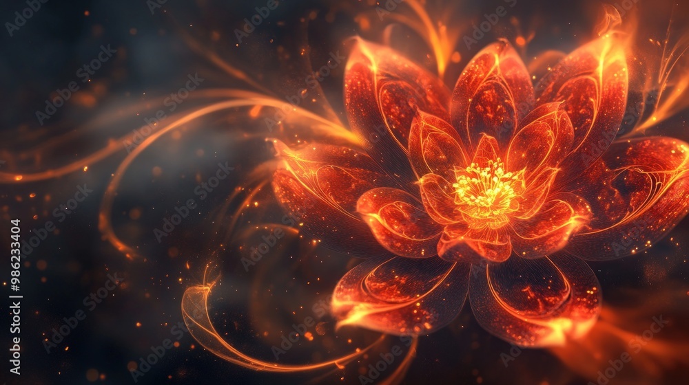 Fiery lotus flower with swirling embers and glowing center. Fiery lotus flower with swirling embers and glowing center.