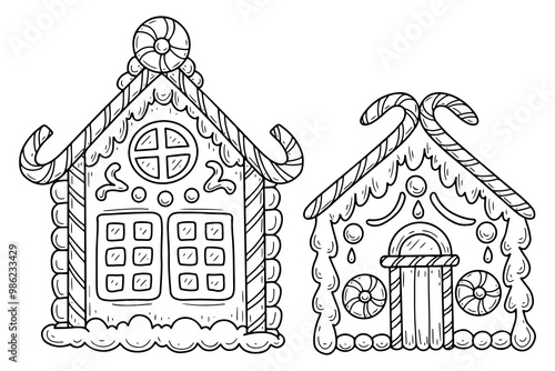 Christmas gingerbread house vector coloring page. Happy holiday. Traditional dessert. Sweets, candies, cookies. Hand drawn line art illustration. Merry Christmas. Coloring book for kids and adults.