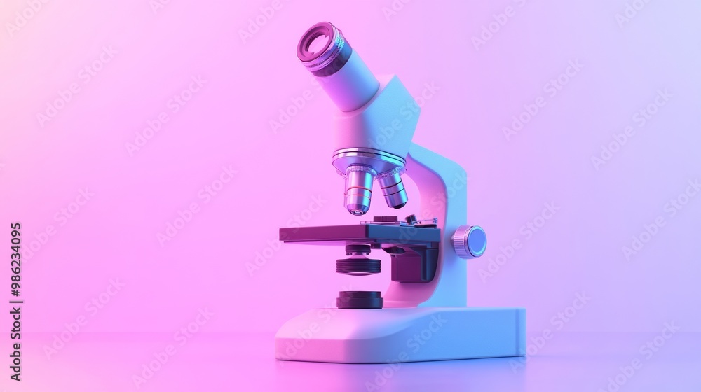 A microscope is on a table with a pink background A microscope is on a table with a pink background