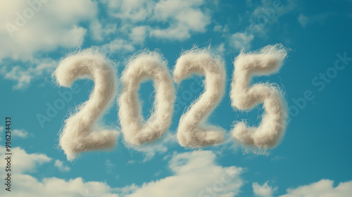 Number '2025' Crafted from White Wool Against a Bright Blue Sky: A Unique and Whimsical Visual Perfect for New Year’s Promotions, Celebrations, Events - Capturing Joy and Creativity for the New Year.