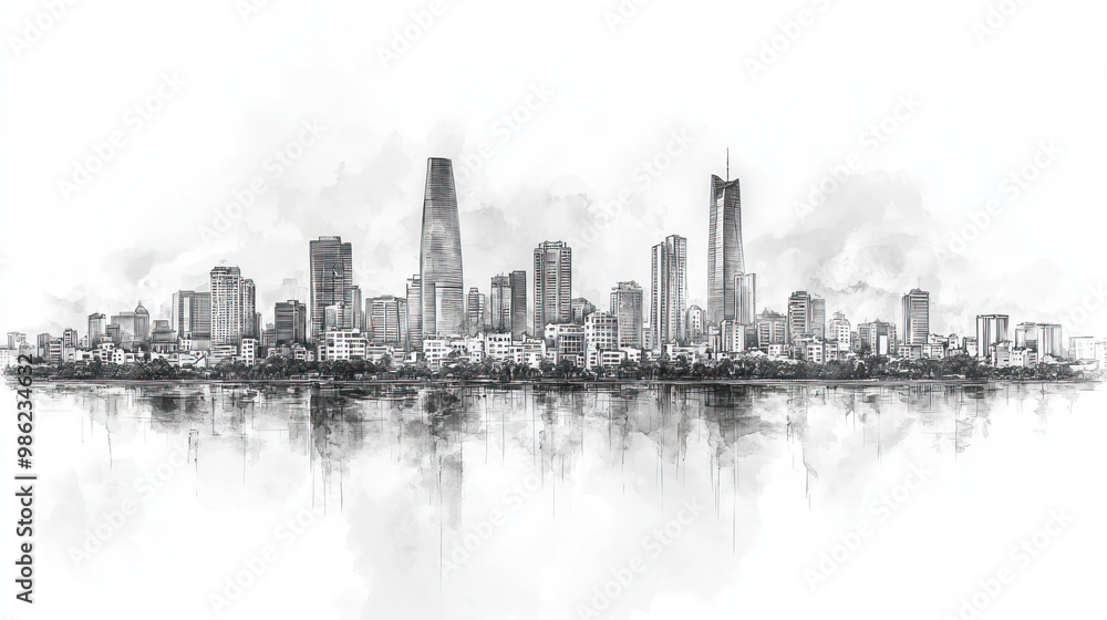 Obraz premium Ho Chi Minh City, Vietnam, black and white pen pencil hand-drawn effect drawing illustration for travel poster, card, wallpaper, backdrop or banner. Modern, clear, artistic and simple