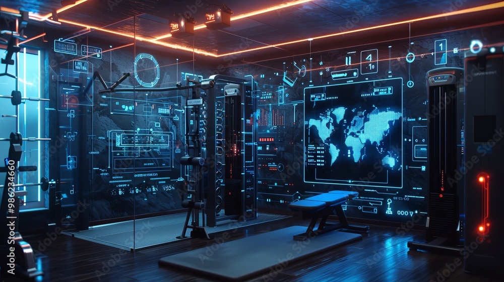 A futuristic gym with high-tech equipment and digital displays, featuring sleek design and a vibrant blue ambiance. A futuristic gym with high-tech equipment and digital displays, featuring sleek design and a vibrant blue ambiance.