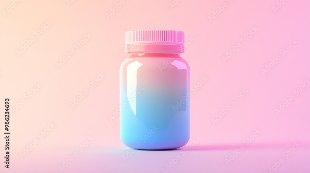 A jar with a blue and pink lid sits on a pink background A jar with a blue and pink lid sits on a pink background