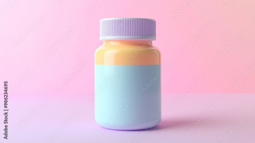 A bottle of medicine with a blue and yellow label A bottle of medicine with a blue and yellow label