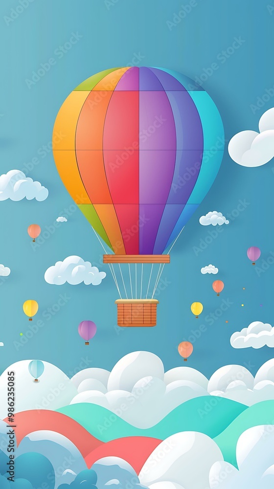 Colorful Hot Air Balloon Flying Above Clouds Illustration Colorful Hot Air Balloon Flying Above Clouds Illustration