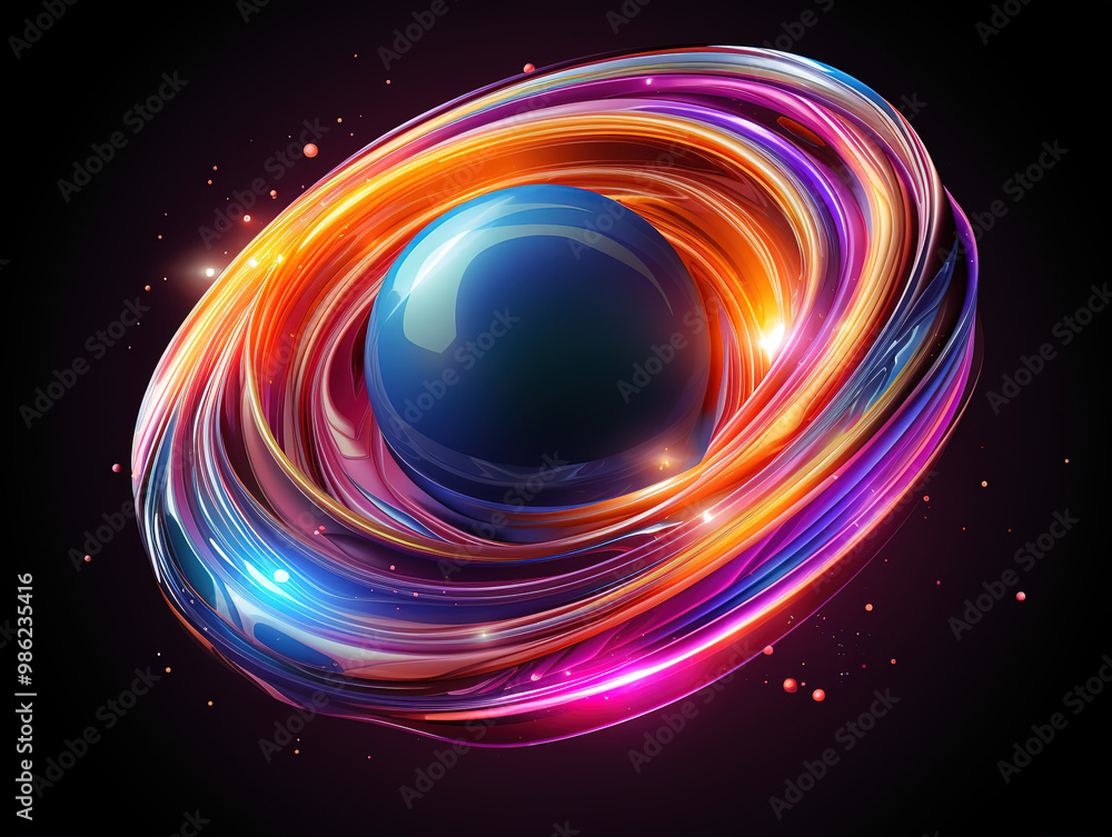 Fantastic Glowing spaceship orbits sphere in deep space Fantastic Glowing spaceship orbits sphere in deep space