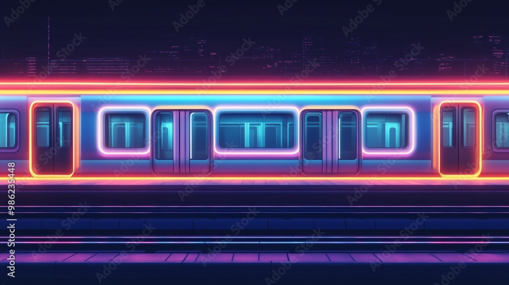 A neon train with neon lights on the doors and windows A neon train with neon lights on the doors and windows