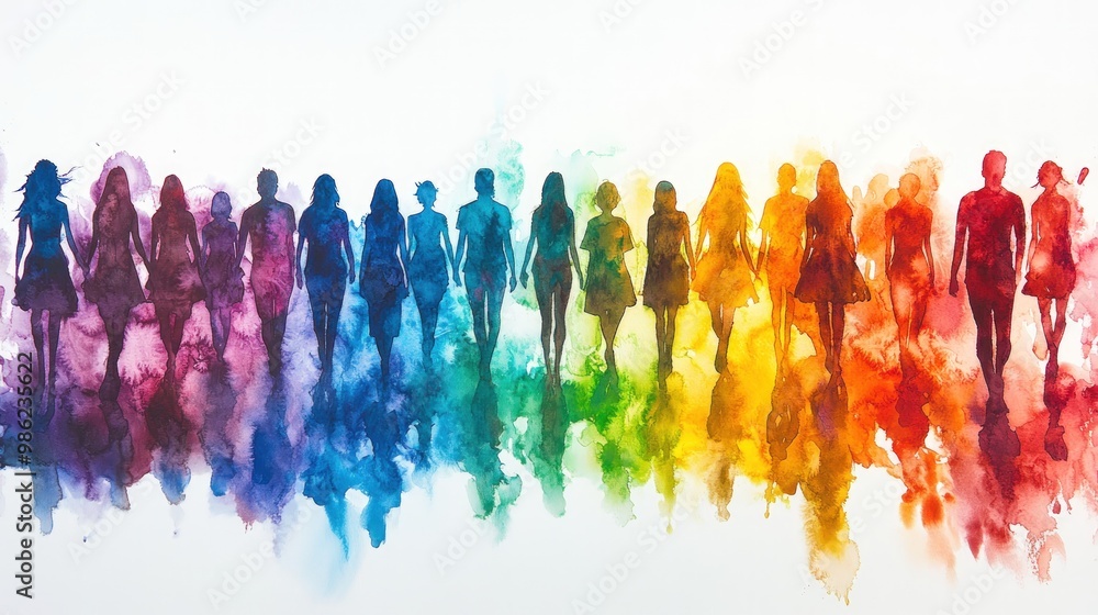 Obraz premium A line of people walking in a rainbow, symbolizing diversity, unity, and acceptance.