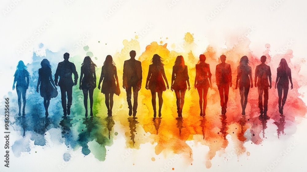 Obraz premium Silhouette of diverse people walking in a line with colorful watercolor background.