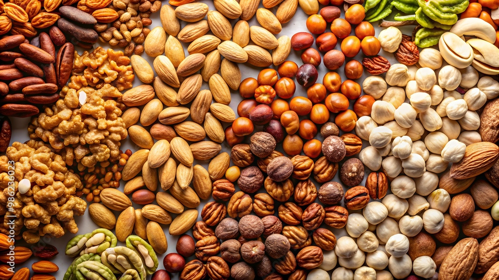 Obraz premium Assorted nuts on a plain background, perfect for health and wellness concepts , nuts, mix, health, organic, snack, protein