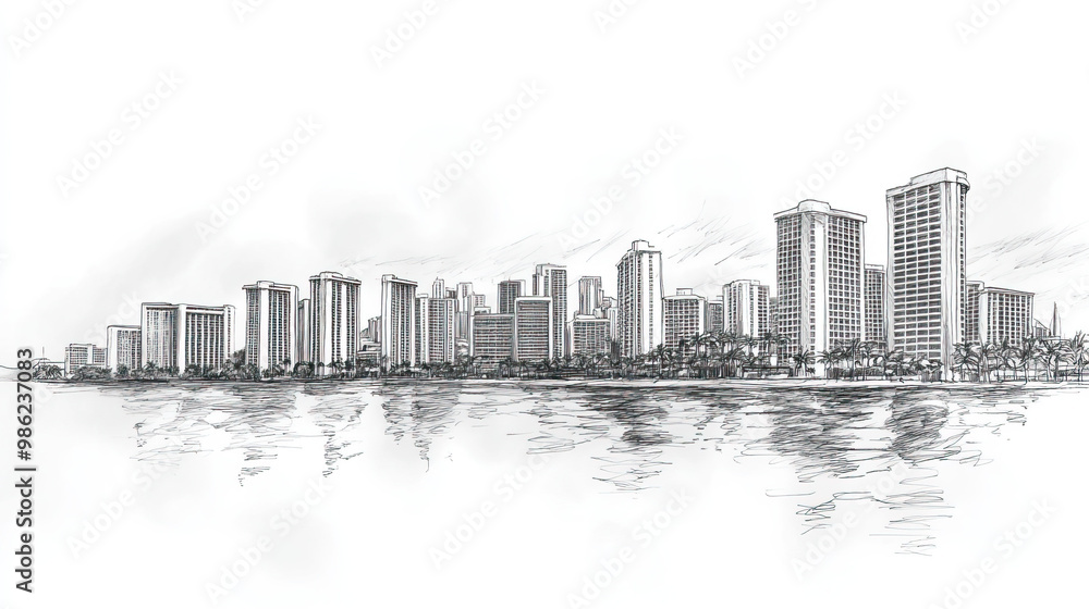 Obraz premium Honolulu, Hawaii, black and white pen pencil hand-drawn effect drawing illustration for travel poster, card, wallpaper, backdrop or banner. Modern, clear, artistic and simple