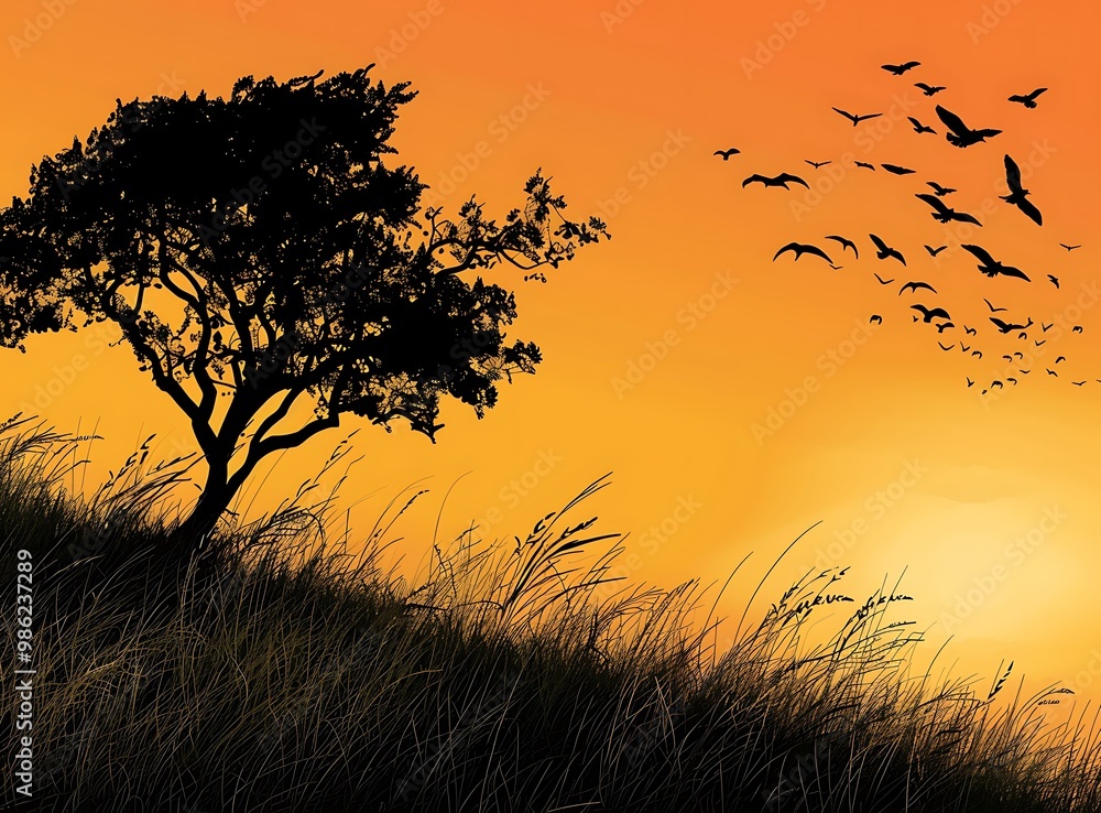 Silhouette of a Tree with Birds Flying in the Sunset Silhouette of a Tree with Birds Flying in the Sunset