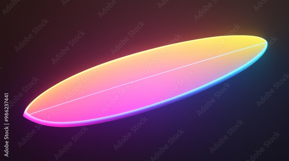 A neon colored surfboard with a rainbow stripe A neon colored surfboard with a rainbow stripe