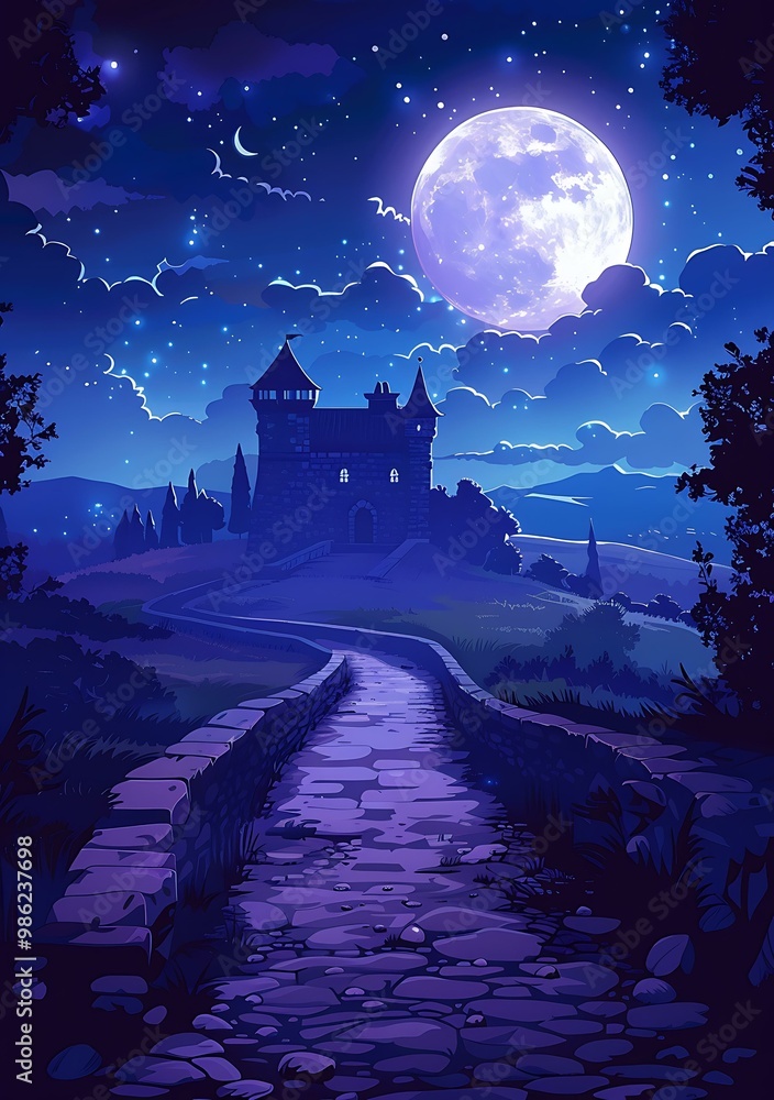 Fototapeta premium Stone Path Leading to a Castle under a Full Moon