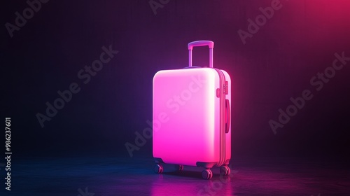 A suitcase is lit up in a neon pink color