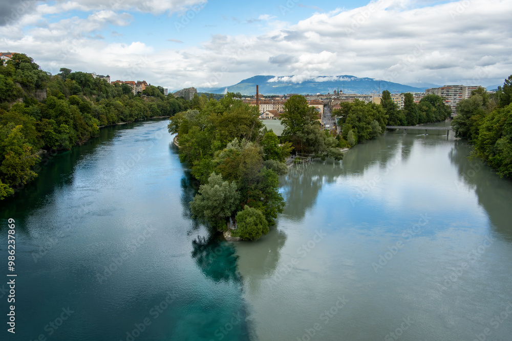Geneva, Switzerland, Europe - Jonction - place where two rivers Rhone left and Arve right conect and from this place one river Geneva, Switzerland, Europe - Jonction - place where two rivers Rhone left and Arve right conect and from this place one river