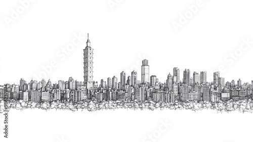 Wallpaper Mural Hsinchu, Taiwan, black and white pen pencil hand-drawn effect drawing illustration for travel poster, card, wallpaper, backdrop or banner. Modern, clear, artistic and simple Torontodigital.ca