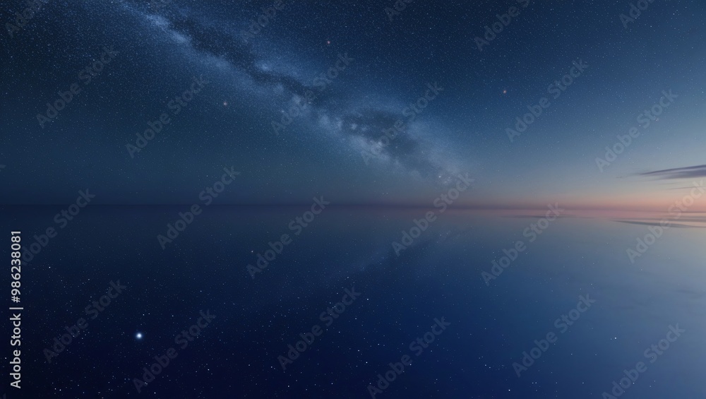 Wide-angle landscape photograph of serene night sky filled with stars, transitioning from deep blue to twilight hues, hint of horizon at dawn, generative AI Wide-angle landscape photograph of serene night sky filled with stars, transitioning from deep blue to twilight hues, hint of horizon at dawn, generative AI