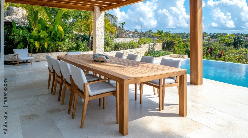 Elegant Outdoor Dining Area by Swimming Pool Elegant Outdoor Dining Area by Swimming Pool
