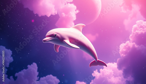 Playful pink dolphin jumping in a dreamy sky