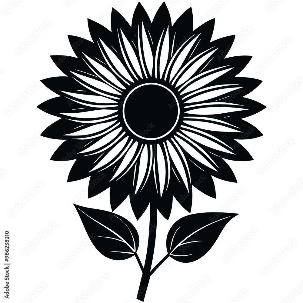 Sunflower Silhouette Vector Black and White Flower Illustration Floral Design Icon Sunflower with Leaves Graphic Botanical Art for Nature Lovers Sunflower Silhouette Vector Black and White Flower Illustration Floral Design Icon Sunflower with Leaves Graphic Botanical Art for Nature Lovers