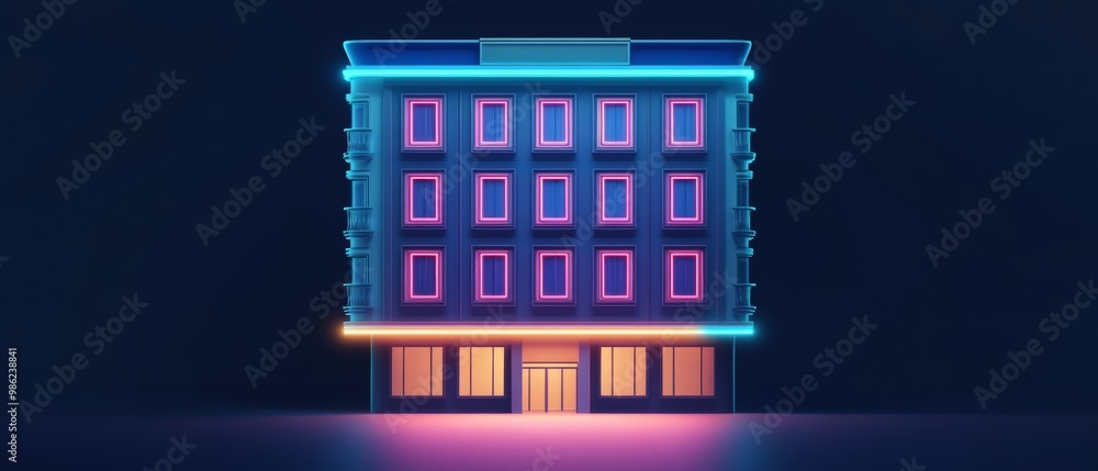 A neon building with a neon sign on the front A neon building with a neon sign on the front