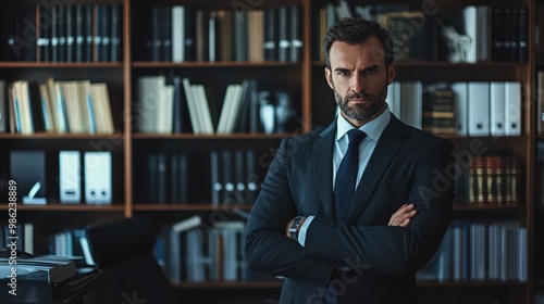 Businessman in a dark suit, standing near an office bookshelf, looking confidently at the camera.