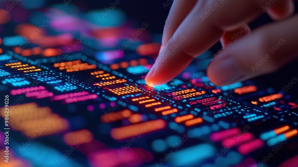 A close-up of a finger interacting with a vibrant holographic interface displaying colorful data elements and patterns. A close-up of a finger interacting with a vibrant holographic interface displaying colorful data elements and patterns.