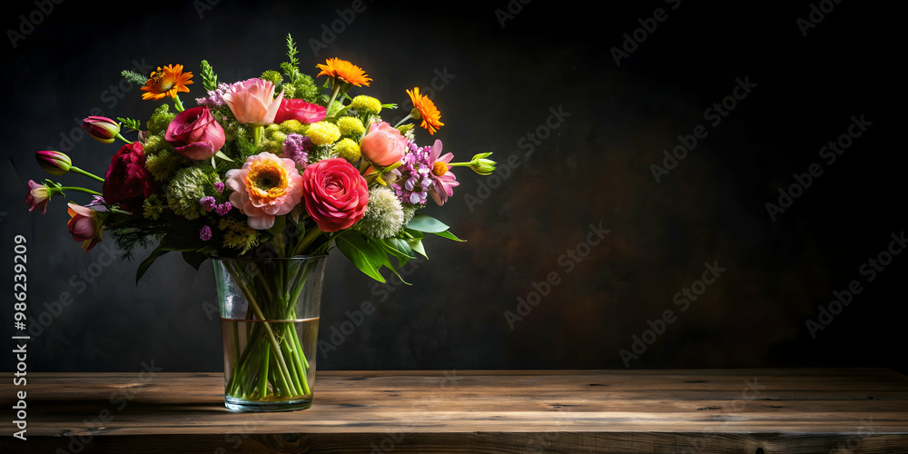 A stunning arrangement of flowers in a vase on a table with leaves, set against a black background, flowers, vase A stunning arrangement of flowers in a vase on a table with leaves, set against a black background, flowers, vase