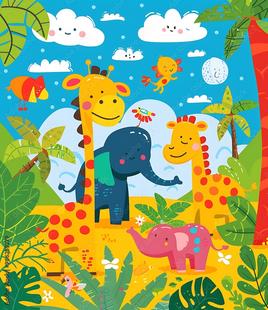 Obraz premium Cute Cartoon Animals In The Jungle